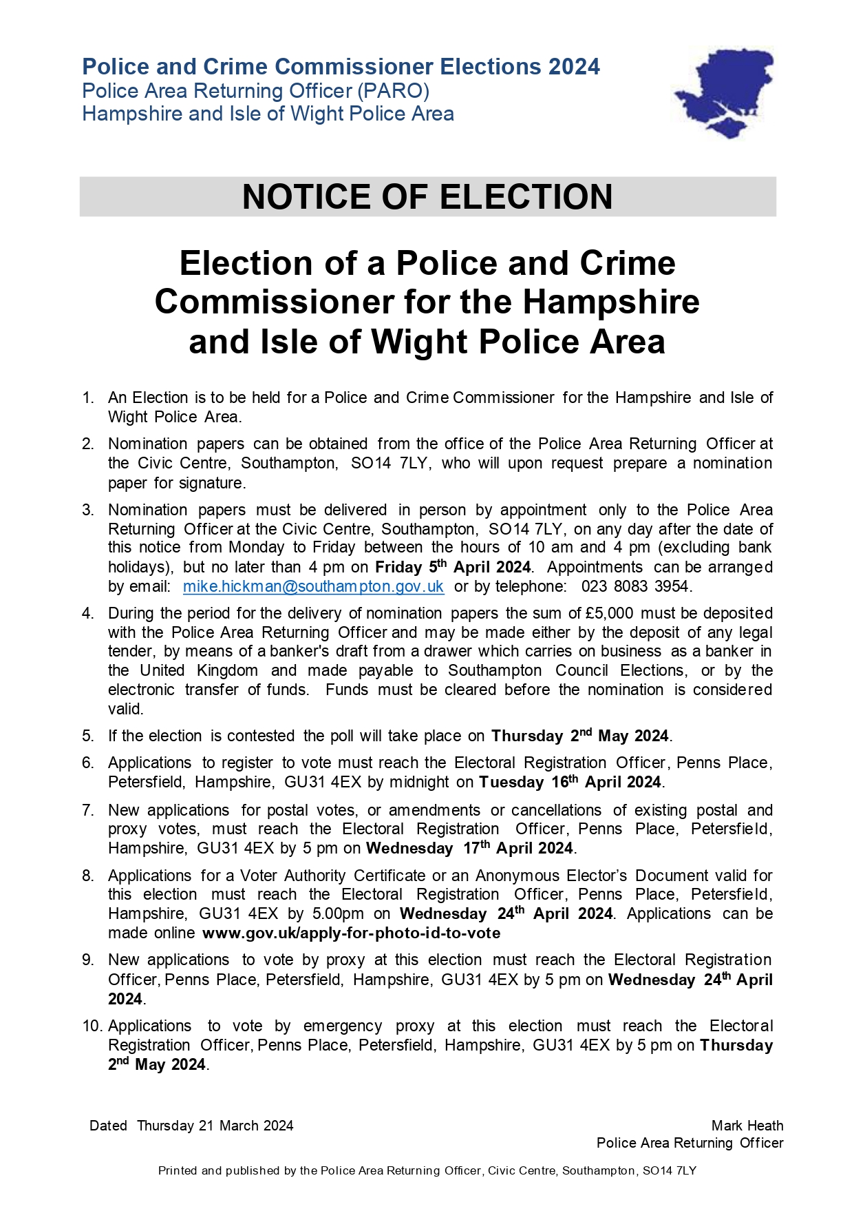 Election of a Police and Crime Commissioner